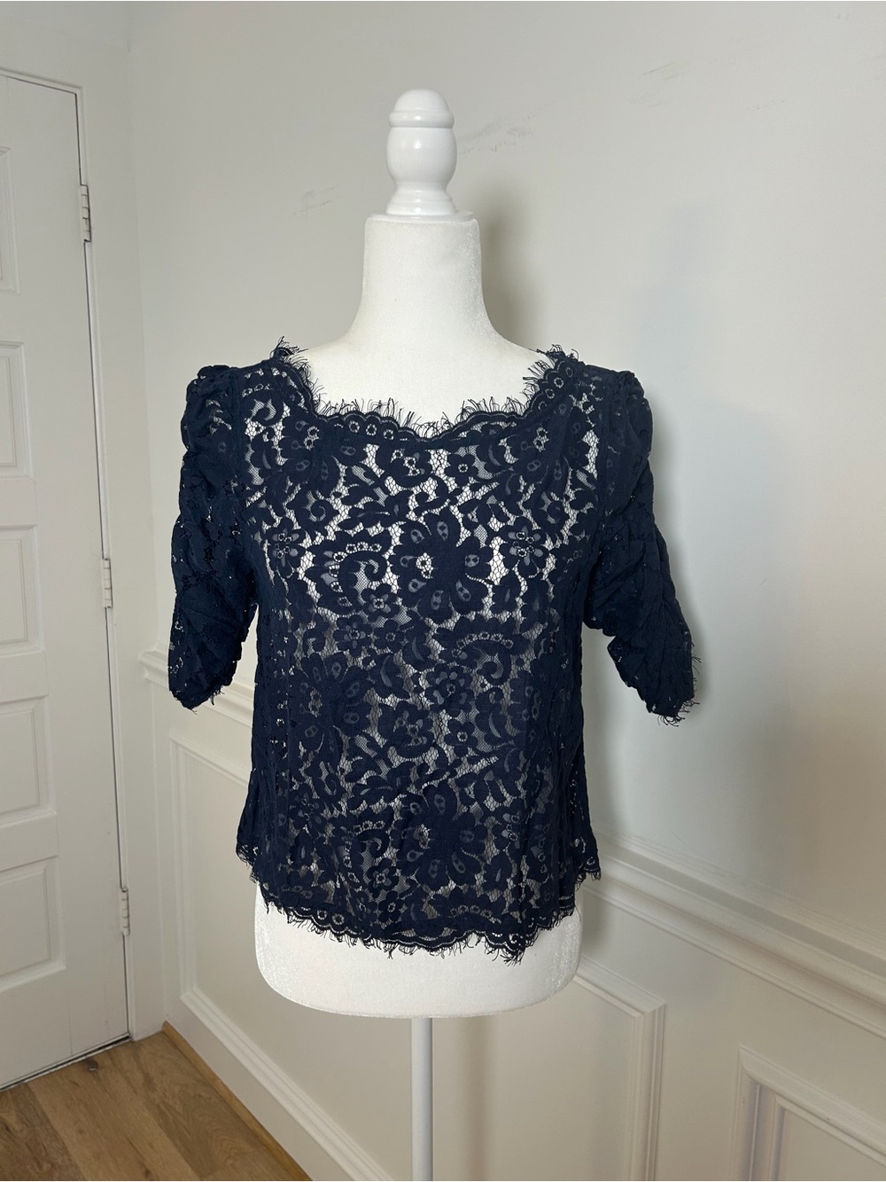 Joie Navy Floral Lace Short Sleeve Blouse